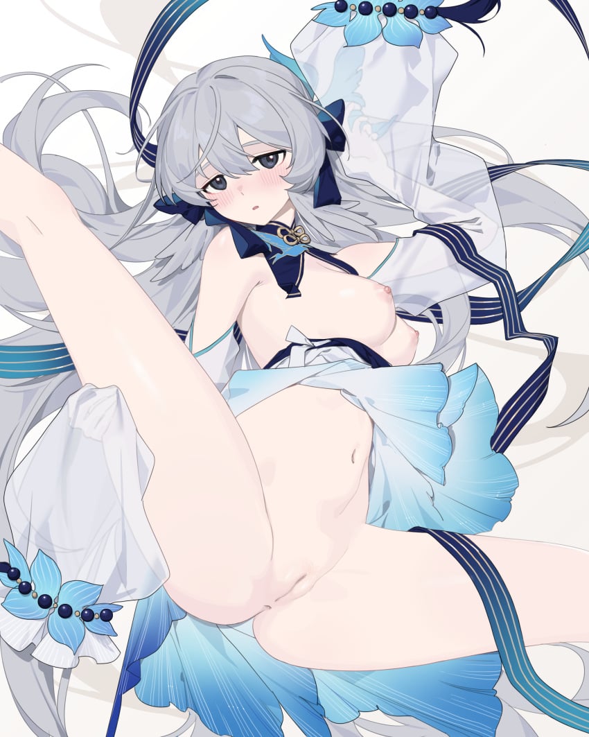 absurdres airseal arknights black_eyes black_ribbon blush bottomless breasts censored detached_collar detached_sleeves female grey_hair hair_ribbon highres long_hair long_sleeves looking_at_viewer medium_breasts mosaic_censoring mulberry_(arknights) mulberry_(reflection_that_of_the_moons)_(arknights) navel nipples official_alternate_costume parted_lips pussy ribbon see-through sleeves_past_wrists solo spread_legs stomach very_long_hair wide_sleeves