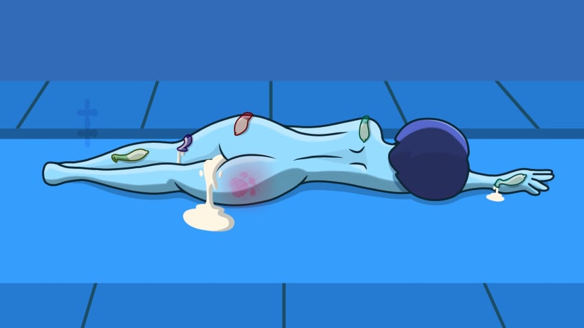 blue_hair blue_skin condom cum_in_pussy cyber_world deltarune deltarune_chapter_2 dripping_cum dripping_pussy exhausted family_guy_death_pose idmns kris_(deltarune) laying laying_down laying_on_floor laying_on_ground laying_on_side no_bra no_clothes no_panties satisfied spank_marks used_condom