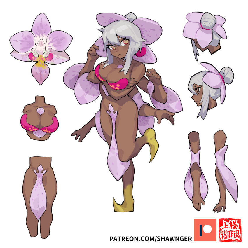 1girls character_profile dark-skinned_female dark_skin grey_hair multi_arm multi_limb oc patreon_logo petals red_eyes shawnger solo_female unusual_pupils watermark yellow_eyes