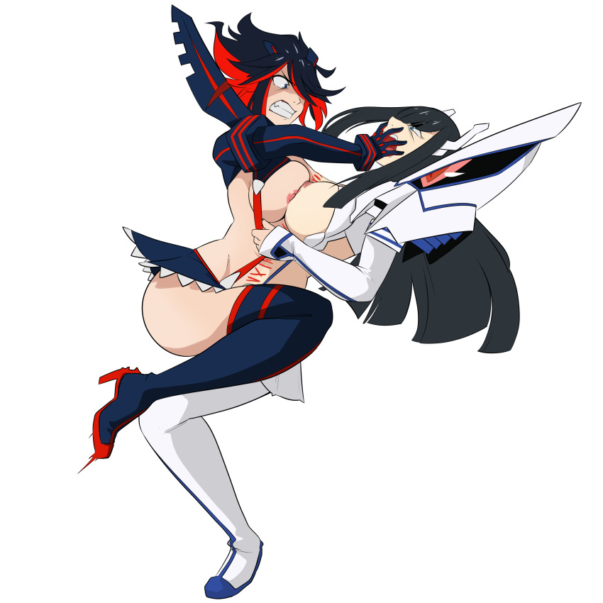 2girls balancing black_hair blue_eyes catfight conjoined exposed_breasts fight fusion high_heel_boots high_heels idolmonkeh kill_la_kill kiryuuin_satsuki matoi_ryuuko merging multiple_girls pushing shared_body sibling_incest sibling_rivalry siblings sister sister_and_sister sisters stitched stitches studio_trigger transparent_background white_outline