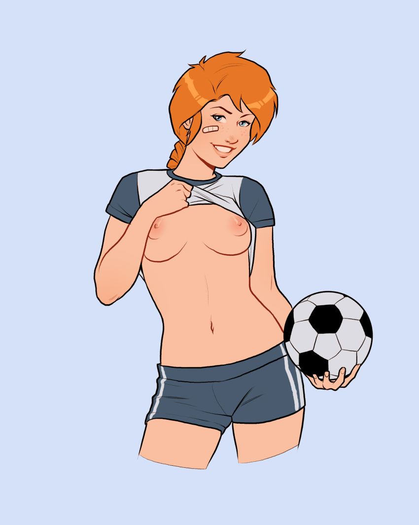 1girls areolae athletic athletic_female bandage bandaid blue_eyes breasts freckles gardnerverse medium_breasts navel nipples numitor sam_gardner shirt_lift smile soccer_ball solo stomach