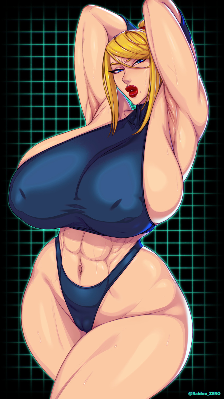 1girls abs armpits bimbo breasts cameltoe cleavage female female_only huge_breasts looking_at_viewer metroid muscles muscular muscular_female nipple_bulge overflowing_breasts raidou_zero raidouzero samus_aran solo thick_thighs wide_hips