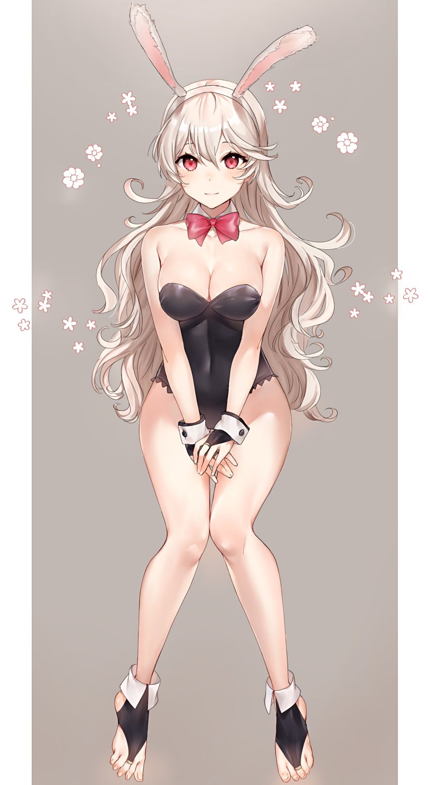 1girls absurdres alternate_costume animal_ears bangs bare_shoulders black_gloves black_leotard blush bow bowtie breasts bunny_ears bunny_girl bunnysuit cleavage closed_mouth collarbone corrin_(fire_emblem) corrin_(fire_emblem)_(female) detached_collar fake_animal_ears feet female fire_emblem fire_emblem_fates gloves hair_between_eyes haru_(nakajou-28) highres jewelry large_breasts leotard long_hair looking_at_viewer manakete nintendo own_hands_together playboy_bunny rabbit_ears red_bow red_eyes red_neckwear silver_hair sitting smile solo strapless strapless_leotard symbol-only_commentary toe_ring toeless_legwear toenails toes very_long_hair wavy_hair wrist_cuffs