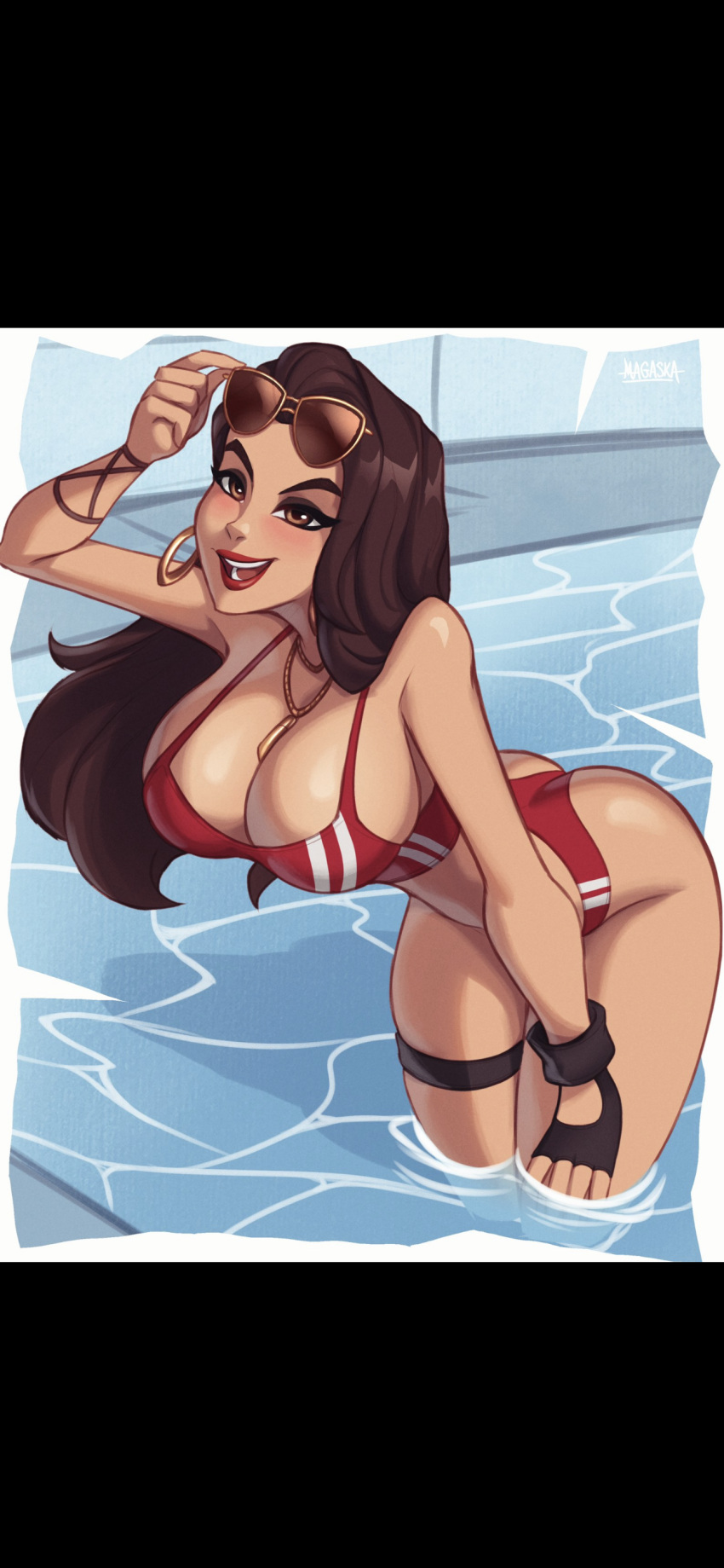 big_breasts boardwalk_ruby_(fortnite) boobs_and_butt_pose breasts brown_eyes brown_hair fortnite fortnite:_battle_royale magaska19 necklace necklace_between_breasts pool red_lipstick ruby_(fortnite) sunglasses_on_head thick_ass thick_thighs