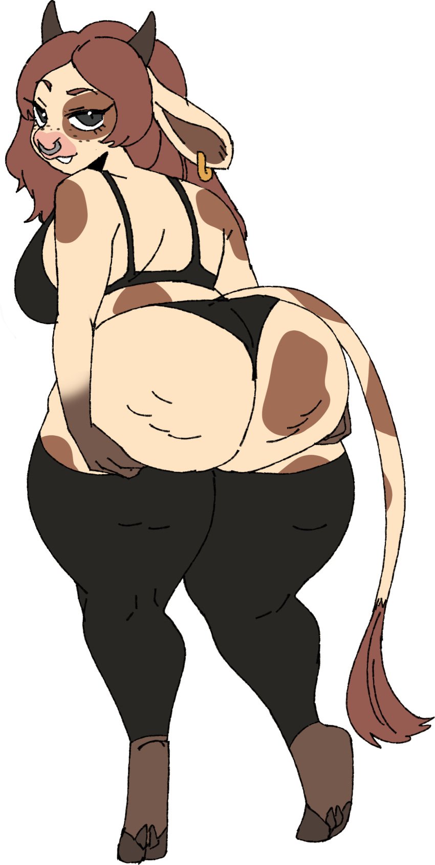 bra brown_hair carpallove cellulite cow_ears cow_girl cow_horns cow_tail ear_piercing freckles_on_face furry grey_eyes hooves huge_ass looking_back maggie nose_piercing panties spread_butt thick_thighs thighhighs wide_hips