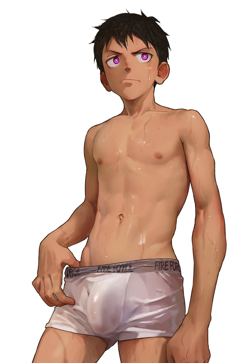 1boy beitemian betm bulge enen_no_shouboutai fire_force human human_only kusakabe_shinra male male_only shinra_kusakabe solo solo_male standing tagme underwear wet white_background white_underwear