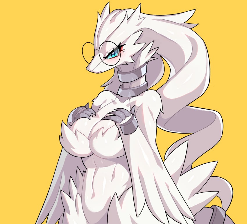 1girls 2021 4_fingers anthro anthrofied belly belly_button big_breasts blue_eyes breasts cleavage cute dragon dragon_girl drunkoak eyelashes female female_only glasses hands_on_breasts huge_breasts humanoid large_breasts looking_at_viewer mole mole_under_eye navel pokemon reshiram seductive seductive_eyes seductive_look simple_background solo solo_female tagme voluptuous white_body white_fur white_skin yellow_background