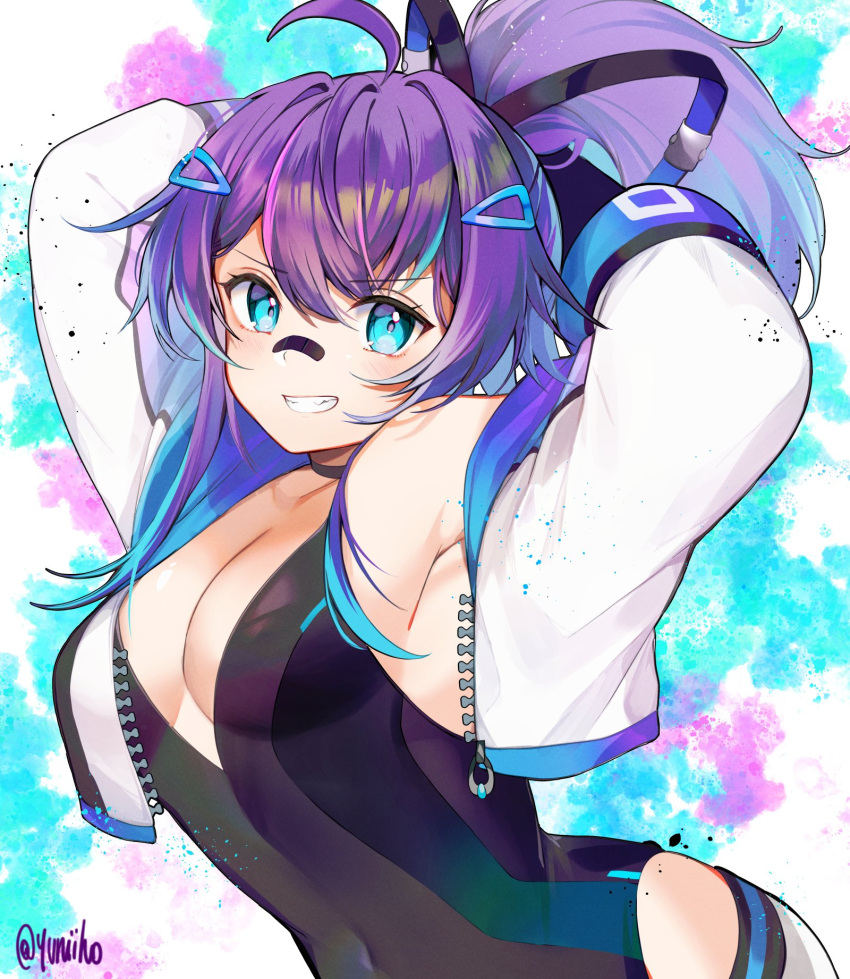 black_one-piece_swimsuit black_swimsuit highleg_swimsuit leaning_forward melody_(projektmelody) one-piece_swimsuit projektmelody purple_hair swimsuit swimwear tagme virtual_youtuber vshojo yuniiho