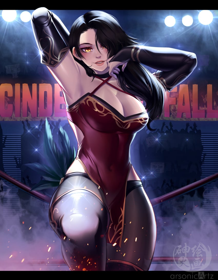 amber_eyes arm_length_gloves arsonichawt audience black_hair cinder_fall curvaceous_figure curvy female hand_behind_back pinup ring_ropes rooster_teeth rwby thick_thighs thighhighs wrestler wrestling wrestling_outfit wrestling_ring yellow_eyes