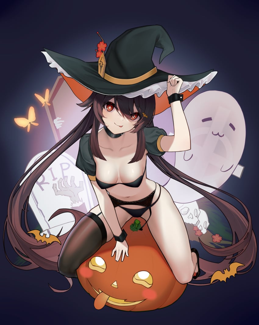 1girls bikini black_bikini breasts brown_hair cleavage female garter_belt garter_straps genshin_impact ghost halloween hi_res hu_tao_(genshin_impact) petite pumpkin small_breasts terebi_(shimizu1996) thighhighs tombstone twintails