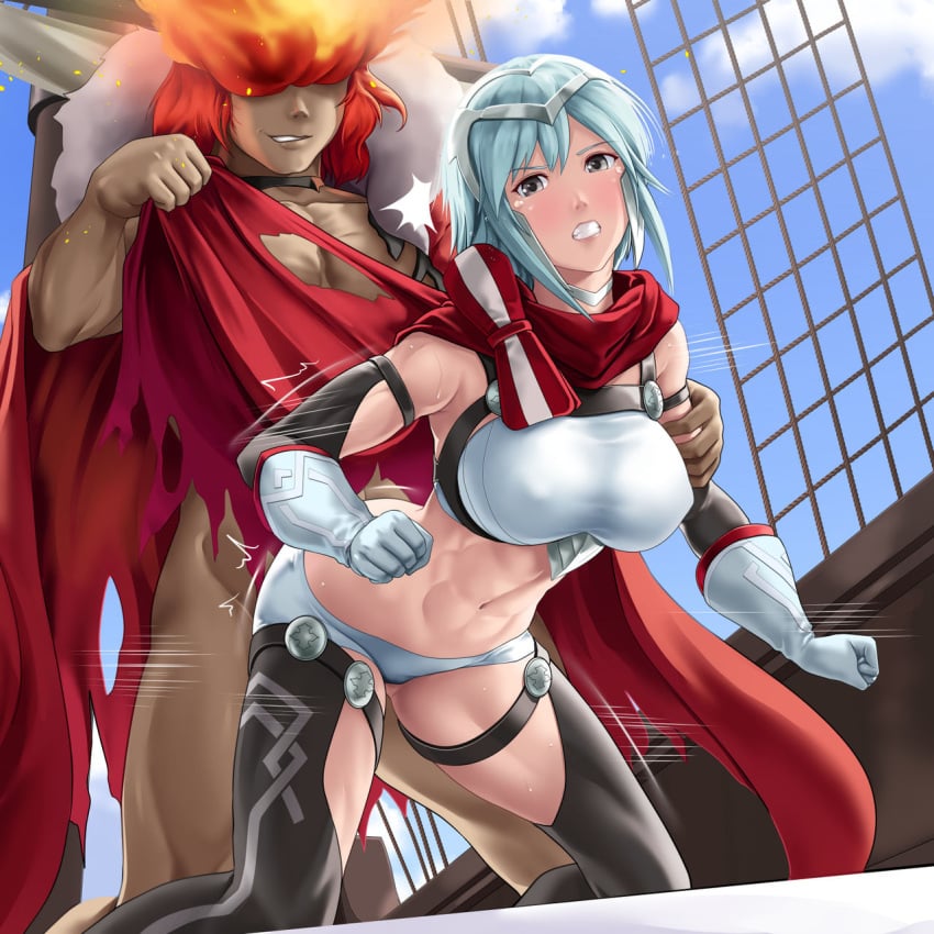 1boy 1girls arm_grab bare_thighs cape cape_grab cloak cloak_grab dagr_(fire_emblem) deep_rising fire_emblem fire_emblem_heroes grin grinning inner_thighs muscular muscular_female muspell_(fire_emblem) nintendo rape sex shorts thighs thor_(deep_rising) torn_clothes vaginal_penetration