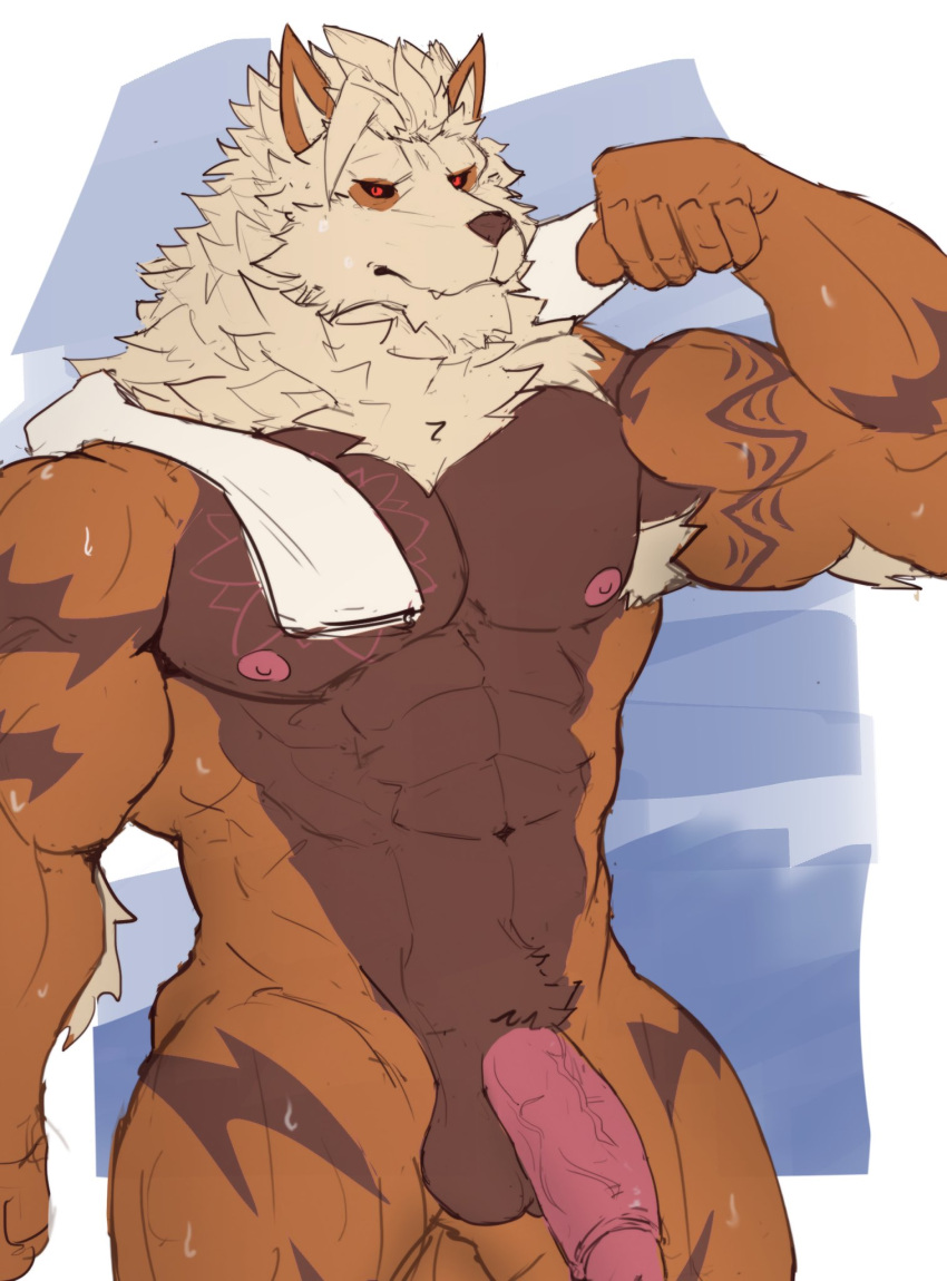 2021 abs anthro anthro_only anthrofied arcanine armpit_hair balls bara barazoku biceps big_muscles black_sclera bodily_fluids body_hair border chest_hair fan_character flaccid fur genitals grey_background hi_res humanoid_genitalia humanoid_penis krowndconvz laarx looking_at_viewer male male_only markings muscular muscular_anthro muscular_male navel nintendo nipples nude pecs penis pokemon pokemon_(species) red_eyes simple_background solo solo_male standing sweat tattoo towel towel_on_shoulder tuft vein veiny_penis video_games white_border