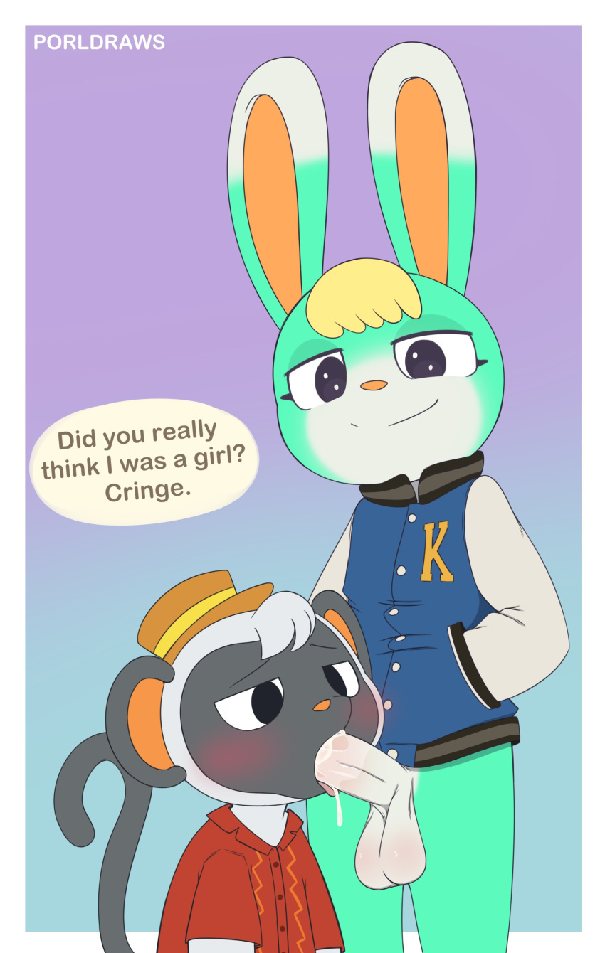 2boys absurd_res animal_crossing anthro anthro_on_anthro anthro_only anthro_penetrated anthro_penetrating anthro_penetrating_anthro anthrofied balls blowjob blowjob_face blush blushed blushing bodily_fluids bottomless bottomless_male clothed clothing cum cum_drip cum_in_mouth cum_inside cumshot dialogue dripping duo erection fellatio genital_fluids genitals half-closed_eyes haplorhine hi_res humanoid_genitalia humanoid_penis jacket lagomorph leporid long_ears looking_at_viewer male male/male male_only male_penetrated male_penetrating male_penetrating_male mammal monkey niko_(animal_crossing) nintendo oral oral_penetration orgasm partially_clothed penetration penile penis porldraws primate rabbit sasha_(animal_crossing) sex signature simple_background smile speech_bubble talking_to_viewer text topwear video_games