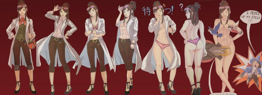 1girls abs apollo_justice ass bird blouse blue_eyes bra breasts breasts_out brown_hair censored dove ema_skye female full_body galibra grey_eyes gyakuten_saiban heels houzuki_akane jacket klavier_gavin lab_coat labcoat legs naked naruhodou_minuki naruhodou_ryuuichi no_bra no_panties panties pants pink_panties pumps scientist shirt shocked shocked_expression smile solo_female strip_game striped text thighs trousers trucy_wright