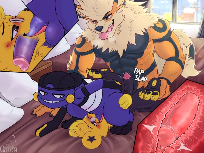 4:3 anal anal_sex anthro arcanine backwards_hat bed croagunk def_the_arcanine duo eyewear furniture glasses group group_sex hi_res internal leg_grab luca_the_shinx male male/male male_only nintendo oral oral_penetration orion_(orionsmaniac) orionsmaniac_(artist) penetration pokemon pokemon_(species) sex shinx size_difference threesome tongue tongue_out video_games window