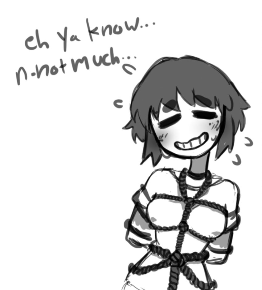 artist_self-insert blush bondage breasts clothed jennlumm lumina_(jennlumm) monochrome nervous nipples rope self_insert text white_background