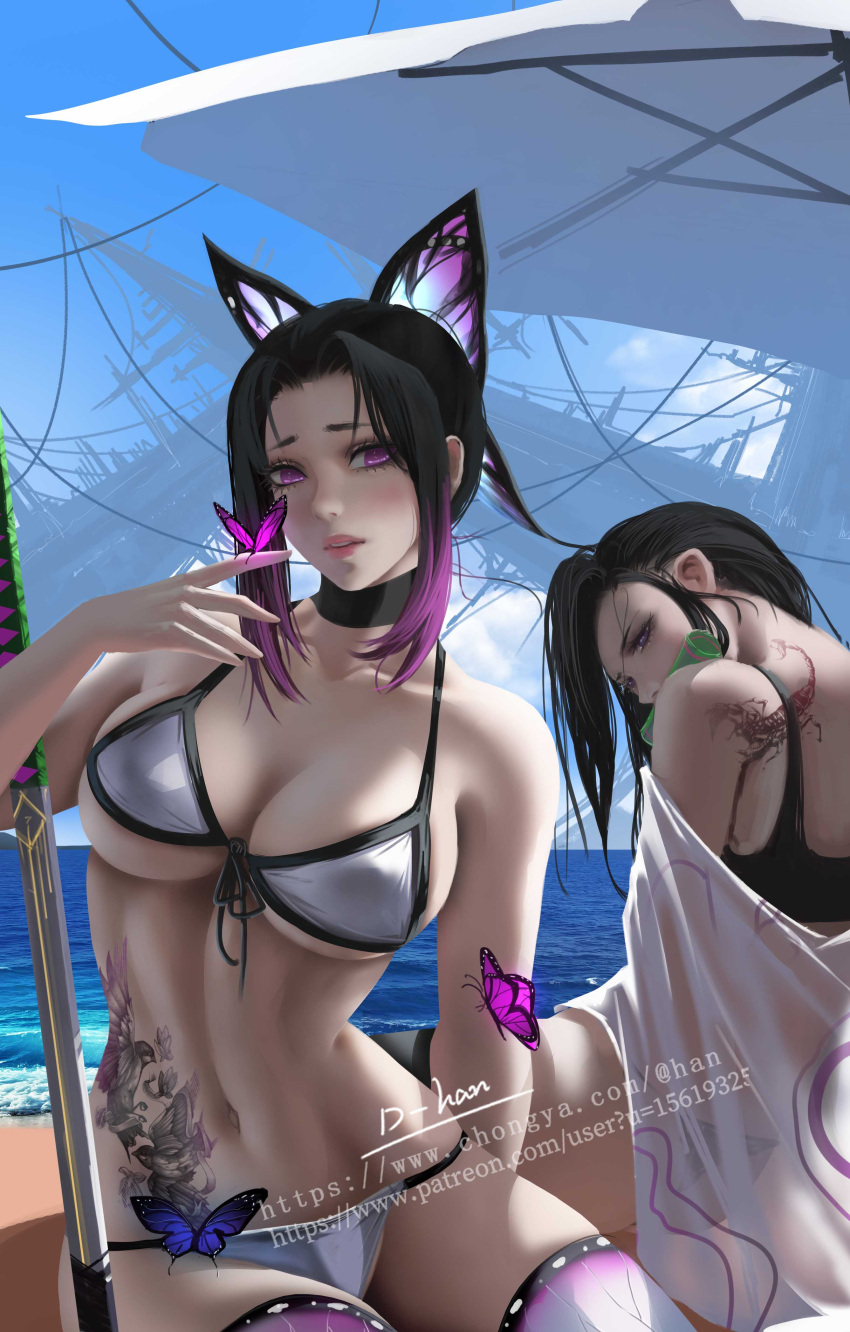 2girls adult_swim big_breasts bikini black_hair butterfly butterfly_hair_ornament choker cleavage d-han demon_slayer detailed_background female female_only gag kamado_nezuko kimetsu_no_yaiba kochou_shinobu looking_back purple_eyes realistic swimsuit sword tattoo thighhighs thin_waist toonami two_tone_hair white_bikini