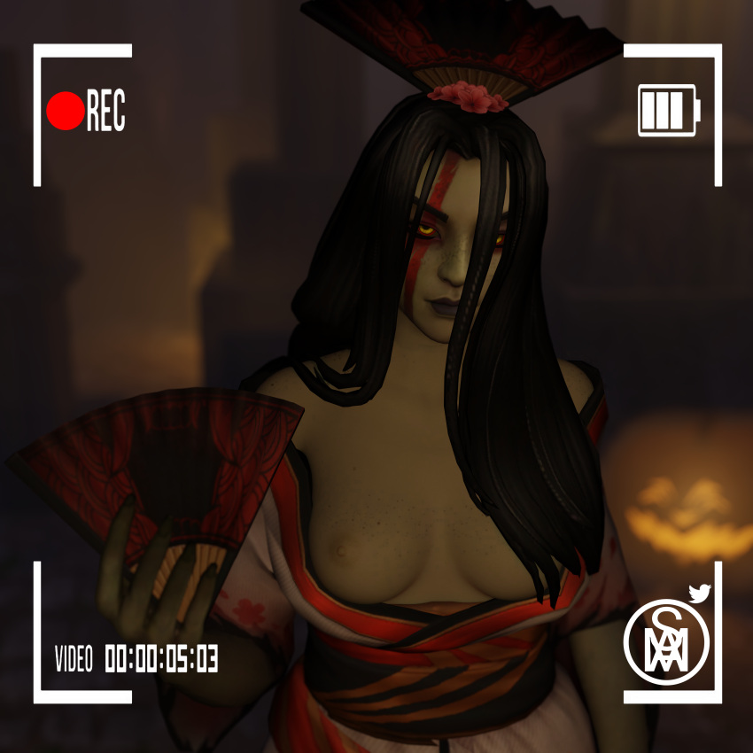 black_hair blender facepaint graveyard green_skin halloween hand_fan izanami_(smite) jack-o'-lantern japanese_clothes middlemansfm night nipples outdoors pumpkin smite tombstone yellow_eyes zombie zombie_girl