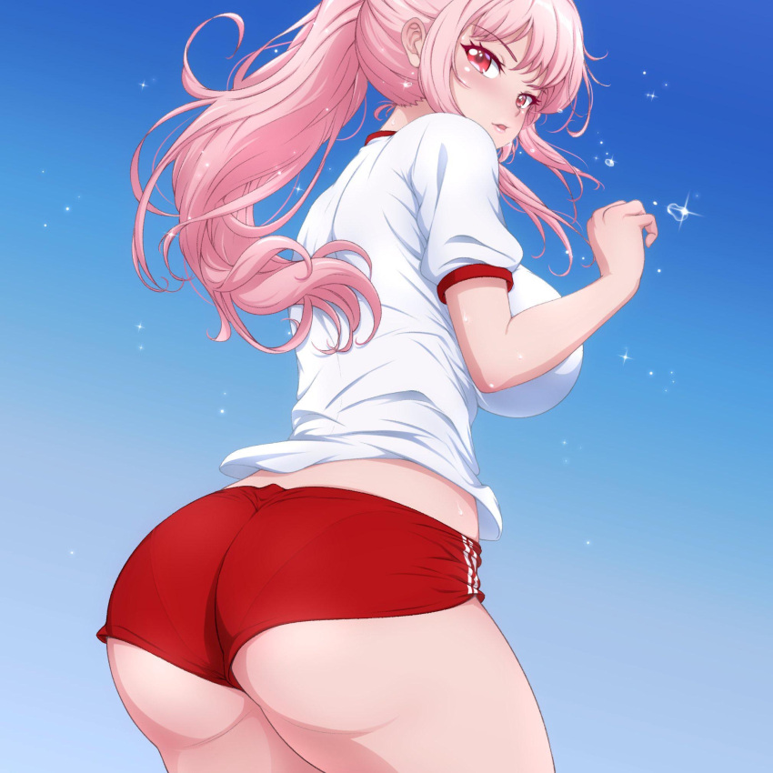 ass big_ass big_breasts bloomers buruma hololive hololive_english hololive_myth looking_back mori_calliope p-nekoe pink_hair sports_uniform sportswear sweat sweatdrop virtual_youtuber