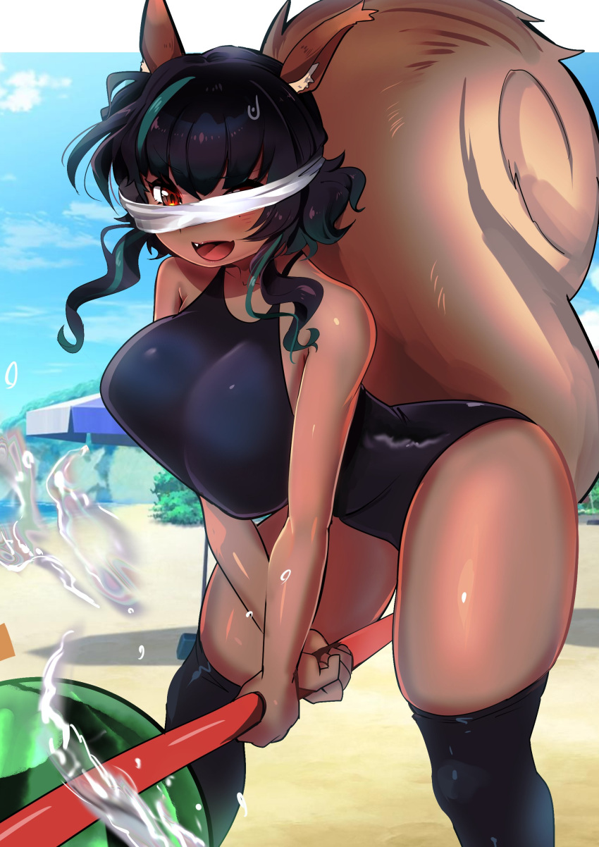 1girls acorn arms_under_breasts beach bending_forward bending_over bent_over blindfold blush breast_press breasts brown_eyes dark-skinned_female dark_blue_hair dark_skin fangs female female_only green_highlights hanging_breasts happy huge_breasts indie_virtual_youtuber large_breasts misokatsuo object_between_thighs one-piece_swimsuit one_eye_closed open_mouth pole short_hair sif_avellana smile smiling solo splash splashing squirrel squirrel_ears squirrel_girl squirrel_tail swimsuit swimwear thick_thighs thigh_squish thighhighs thighs tight_clothes tight_clothing tight_fit torpedo_breasts virtual_youtuber water water_drop watermelon watermelon_crushing wide_hips