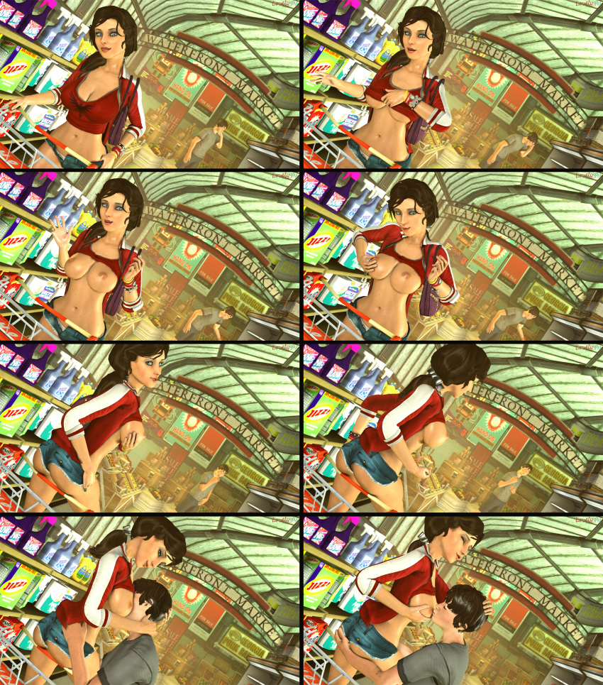 1boy 1girls 3d areolae ass ass_grab athletic athletic_female bare_midriff big_breasts bioshock bioshock_infinite blue_eyes bracelet breast_sucking breasts breasts_out brown_hair bubble_butt busty cleavage comic crop_top daisy_dukes edit elizabeth_comstock exhibitionism female fondling hourglass_figure large_breasts long_hair lovelysfm male navel nipples ponytail public public_exposure public_nudity public_use short_shorts skimpy skimpy_clothes sleeves_rolled_up sucking sweater tagme underboob wide_hips