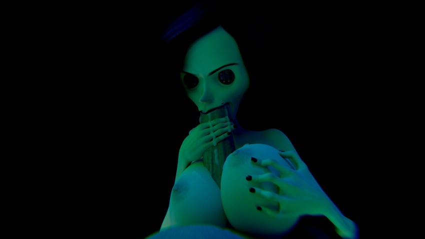 1boy 1girls 3d big_breasts big_penis black_hair blender coraline horror huge_cock medium_hair monster nintendo nipples nude_female oral other_mother paizuri thespig