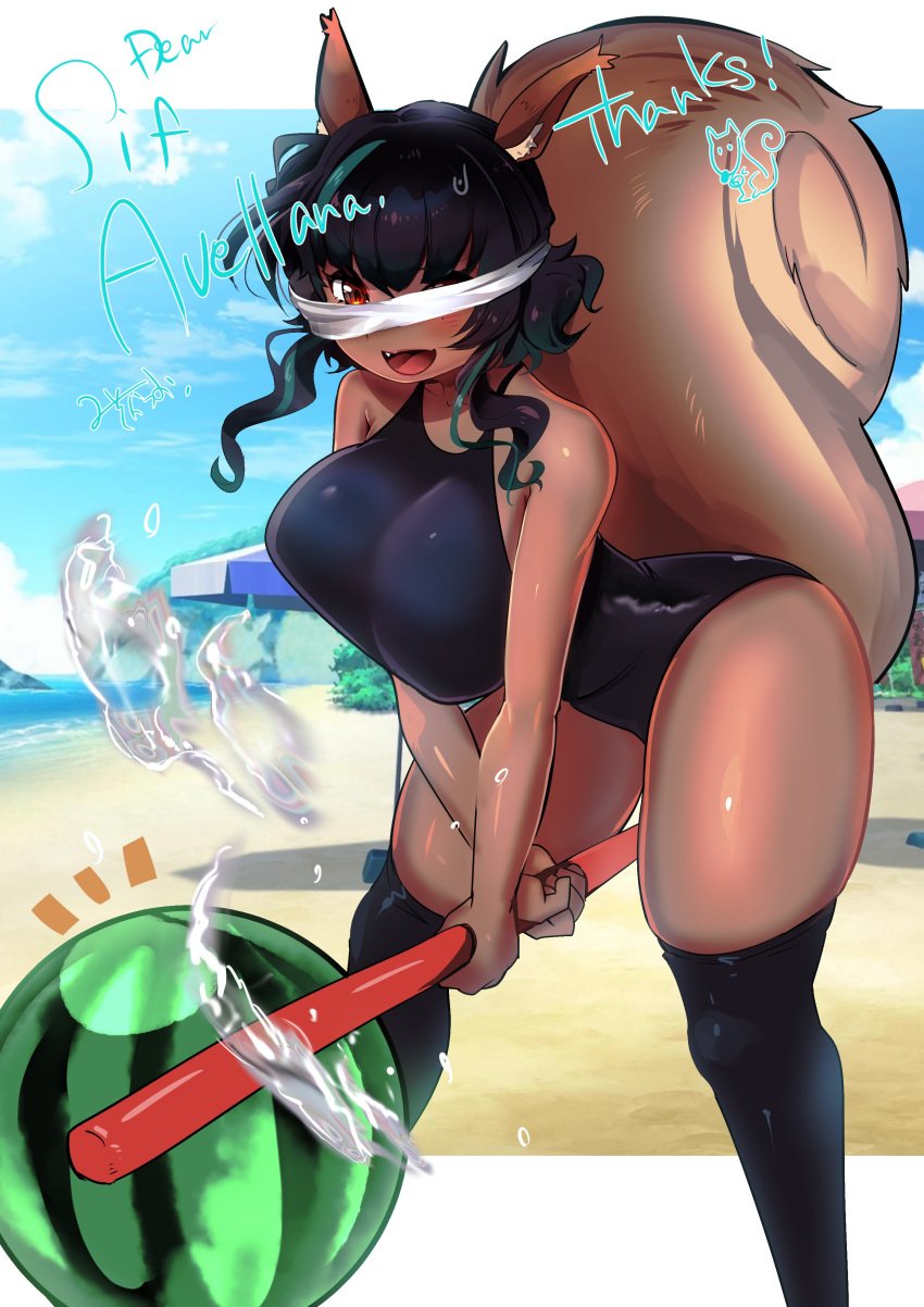 1girls acorn arms_under_breasts beach bending_forward bending_over bent_over blindfold blush breast_press breasts brown_eyes dark-skinned_female dark_blue_hair dark_skin fangs female female_only green_highlights hanging_breasts happy huge_breasts indie_virtual_youtuber large_breasts misokatsuo object_between_thighs one-piece_swimsuit one_eye_closed open_mouth pole short_hair sif_avellana skeb_commission smile smiling solo splash splashing squirrel squirrel_ears squirrel_girl squirrel_tail swimsuit swimwear thick_thighs thigh_squish thighhighs thighs tight_clothes tight_clothing tight_fit torpedo_breasts virtual_youtuber water water_drop watermelon watermelon_crushing wide_hips