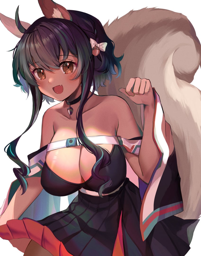 1girls acorn ahoge arm_up blush breast_strap breasts brown_eyes choker dark-skinned_female dark_blue_hair dark_green_hair dark_skin exposed_thighs female female_only green_highlights hair_ribbon hanging_breasts happy huge_breasts indie_virtual_youtuber large_breasts open_mouth short_hair sif_avellana skin_fang skirt_lift smile smiling solo squirrel squirrel_ears squirrel_girl squirrel_tail thighs torpedo_breasts virtual_youtuber wide_hips yukata yuniiho