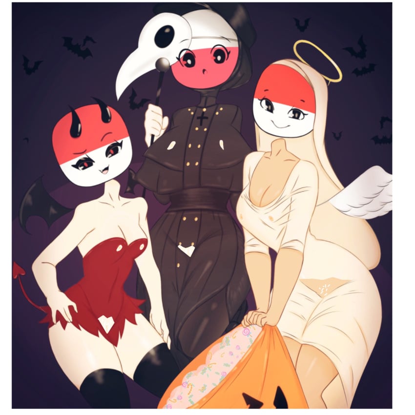 3girls angel costume countryhumans countryhumans_girl edit female female_only flawsy halloween halloween_costume indonesia indonesia_(countryhumans) light-skinned_female monaco_(countryhumans) original plague_doctor poland_(countryhumans)