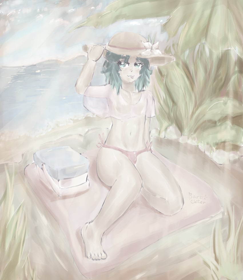 beach crossdressing femboy genshin_impact hat ocean penis_in_panties sun topwear venti_(genshin_impact)