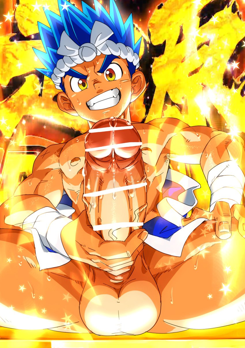 1boy balls bandage bandaged_arm beefy biceps big_balls big_ears big_glans big_penis blue_hair blush censor_bar censored censored_penis clenched_teeth clothes_down completely_nude cross_scar daiku_no_gen-san enormous_penis erection fingernails foreskin frenulum frown gay genzou_tamura gigantic_penis grin hachimaki hand_on_leg headband hi_res holding_penis huge_cock long_penis looking_at_viewer male male_only mature_male muscles muscular muscular_arms muscular_legs muscular_male muscular_thighs okulain pecs penis penis_bigger_than_arm penis_bigger_than_head penis_bigger_than_torso pointless_censoring precum precum_drip red_glans retracted_foreskin round_eyes scar scar_on_shoulder short_hair sitting solo spiky_hair spread_legs star sweat sweatdrop sweating sweaty thick_eyebrows thick_penis tough_guy triceps uncircumcised uncut veiny_penis yaoi yellow_eyes