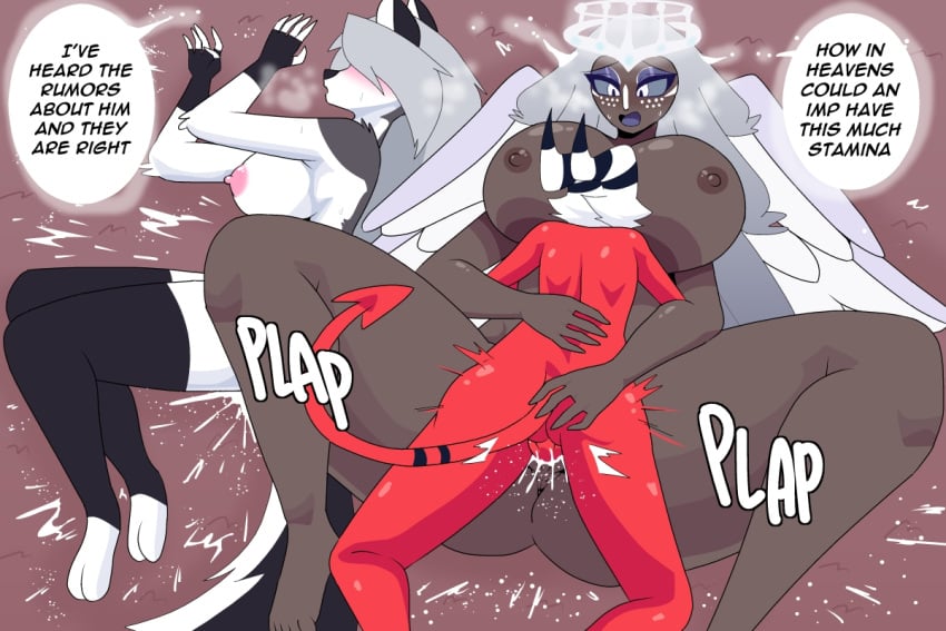 1boy 2025 2girls 3:2 5_fingers angel anthro areola big_breasts black_body black_fur bodily_fluids breasts canid canid_demon canine carliabot clothing cum demon english_text feet female female_penetrated fingerless_gloves fingers freckles fur furry genital_fluids gloves group hair halo handwear hazbin_hotel hellhound helluva_boss humanoid imp interspecies legwear loona_(helluva_boss) male male/female male_penetrating male_penetrating_female mammal moxxie_(helluva_boss) mythological_canine mythological_creature mythology nipples nude penetration plap red_body red_skin red_tail sera_(hazbin_hotel) seraph_(angel) sex tail text toes trio white_body white_fur white_hair wings wolf wolf_girl