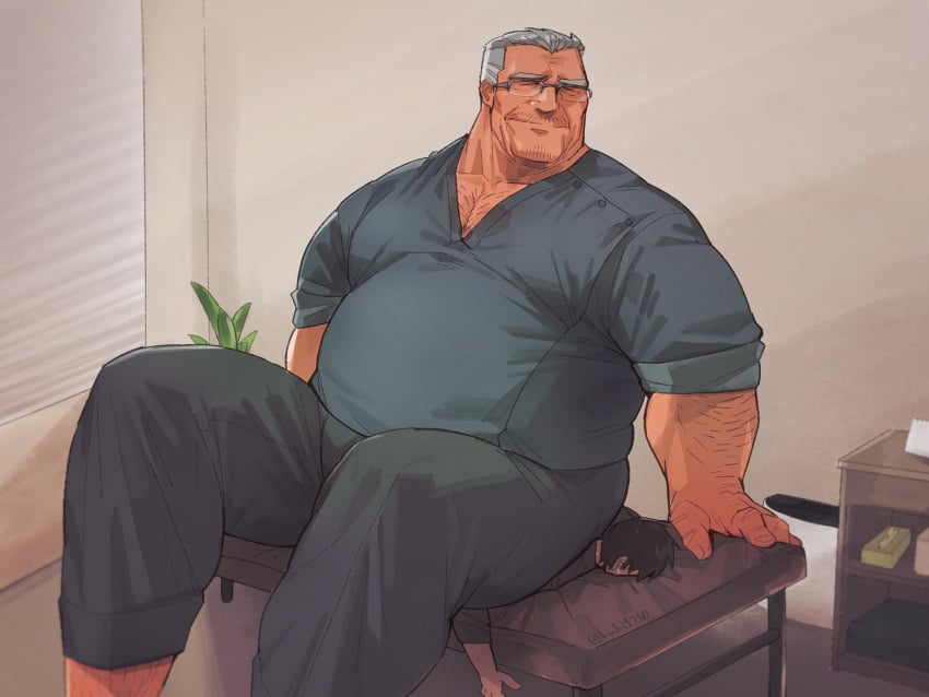 bara clothing dad_bod fully_clothed glasses kuki1210 male male_only sitting sitting_on_person size_difference