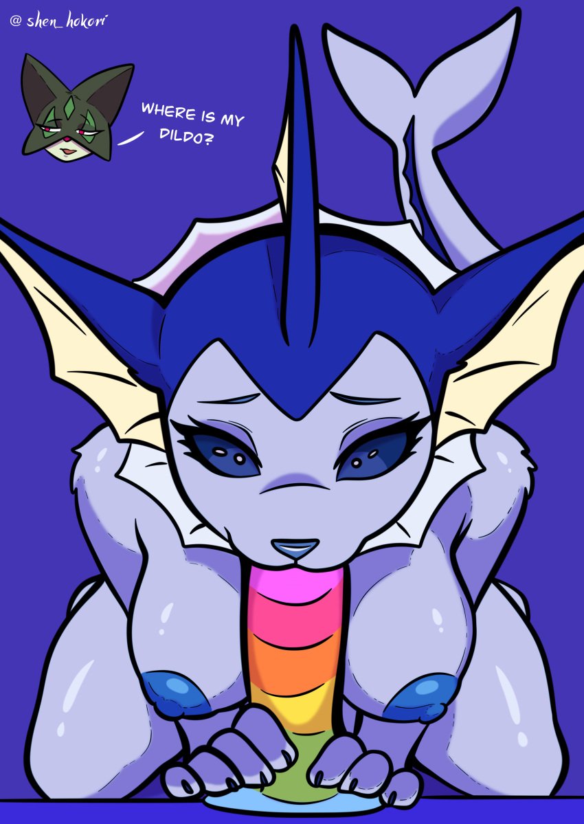absurd_res ambiguous_gender anthro anthro_focus areola artist_name biped blue_areola blue_body blue_nipples blue_sclera breasts claws colored cutaway dialogue dildo_in_mouth duo eeveelution english_text eyelashes female female_focus fin finger_claws fingers front_view fur generation_1_pokemon generation_9_pokemon glistening glistening_body green_body green_fur hi_res humanoid_hands kneeling meowscarada narrowed_eyes nintendo nipples non-mammal_breasts non-mammal_nipples nude nude_anthro nude_female offscreen_character oral oral_penetration penetration pokemon pokemon_(species) pokemorph purple_background red_eyes sex_toy sex_toy_in_mouth sex_toy_insertion shen_hokori simple_background talking_to_another text vaporeon