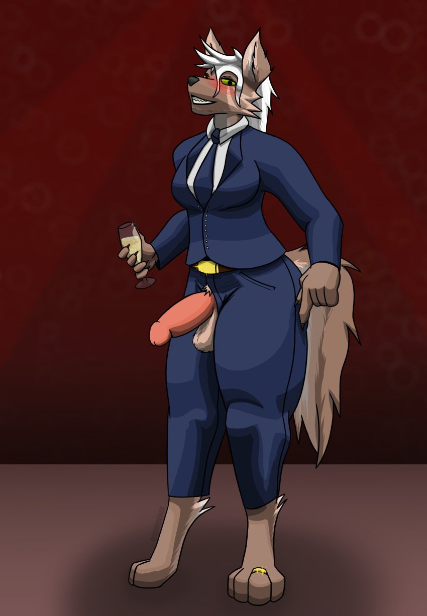 absurd_res anthro athletic balls belt belt_buckle big_penis breasts buckle canid canine champagne_glass clenched_teeth clothed clothed_breasts clothed_female clothing container cup digit_ring dominant dominant_female drinking_glass erection feet female fuzzy_balls genitals gesture glare glass glass_container glass_cup gynomorph hand_gesture hi_res intersex jacket jewelry looking_at_viewer mammal necktie paws penis pointing pointing_at_foot pointing_at_self pointing_down ring seductive smile smiling_at_viewer solo suit teeth teeth_showing toe_ring toes topwear trichternet unzipped unzipped_pants zipper