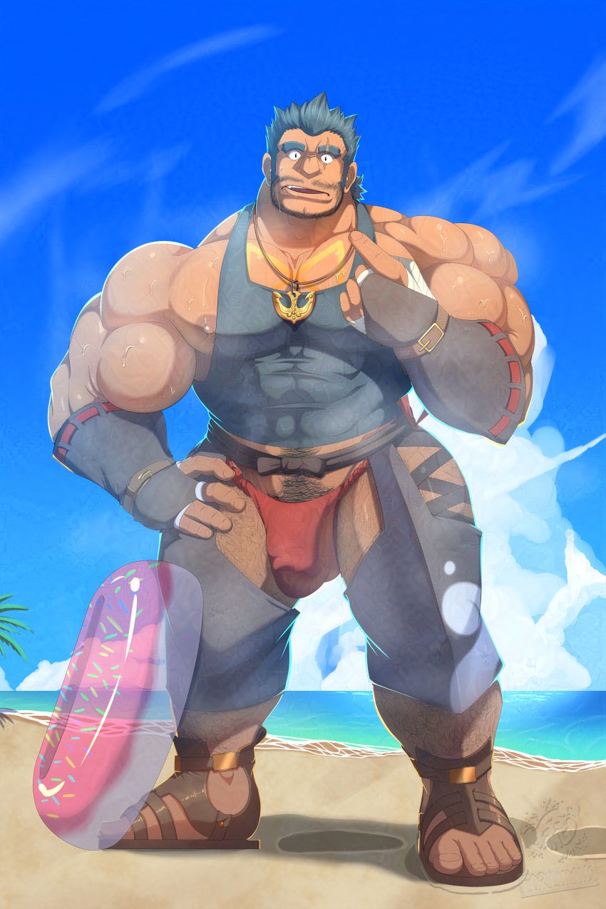55mango balls bara bulge clothing facial_hair fantastic_boyfriends:_legends_of_midearth flaccid fully_clothed jormungand_(fantastic_boyfriends) male male_only muscles muscular musk penis solo solo_male sweat sweating