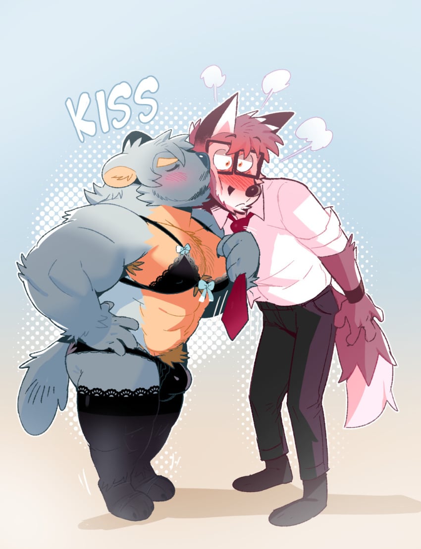anthro armpit_hair blush body_hair bottomwear bra bulge canid canine chest_hair clothing clothing_pull collared_shirt dress_shirt duo dylan_(purplecider) eyewear facial_hair fox frilly frilly_bra frilly_clothing frilly_legwear frilly_panties frilly_thigh_highs frilly_underwear glasses gulonine hi_res kissing_cheek legwear lingerie male male/male mammal marten mustelid musteline necktie necktie_pull panties pants pubes purplecider shirt surprise surprised_expression thigh_highs topwear underwear wallace_(purplecider)