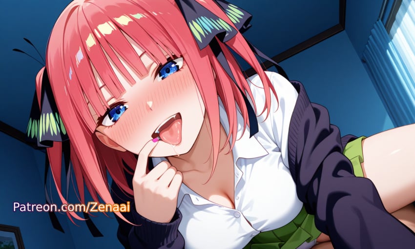 1boy 1girls ai_generated bangs black_cardigan black_ribbon blue_eyes blunt_bangs blush breasts butterfly_hair cardigan cleavage collared_shirt cowgirl_position female go-toubun_no_hanayome green_skirt hair_ornament hair_ribbon indoors looking_at_viewer nakano_nino open_mouth ornament panties patreon pink_hair pleated_skirt ribbon saliva shirt skirt straight tongue tongue_out underwear white_shirt zenaai