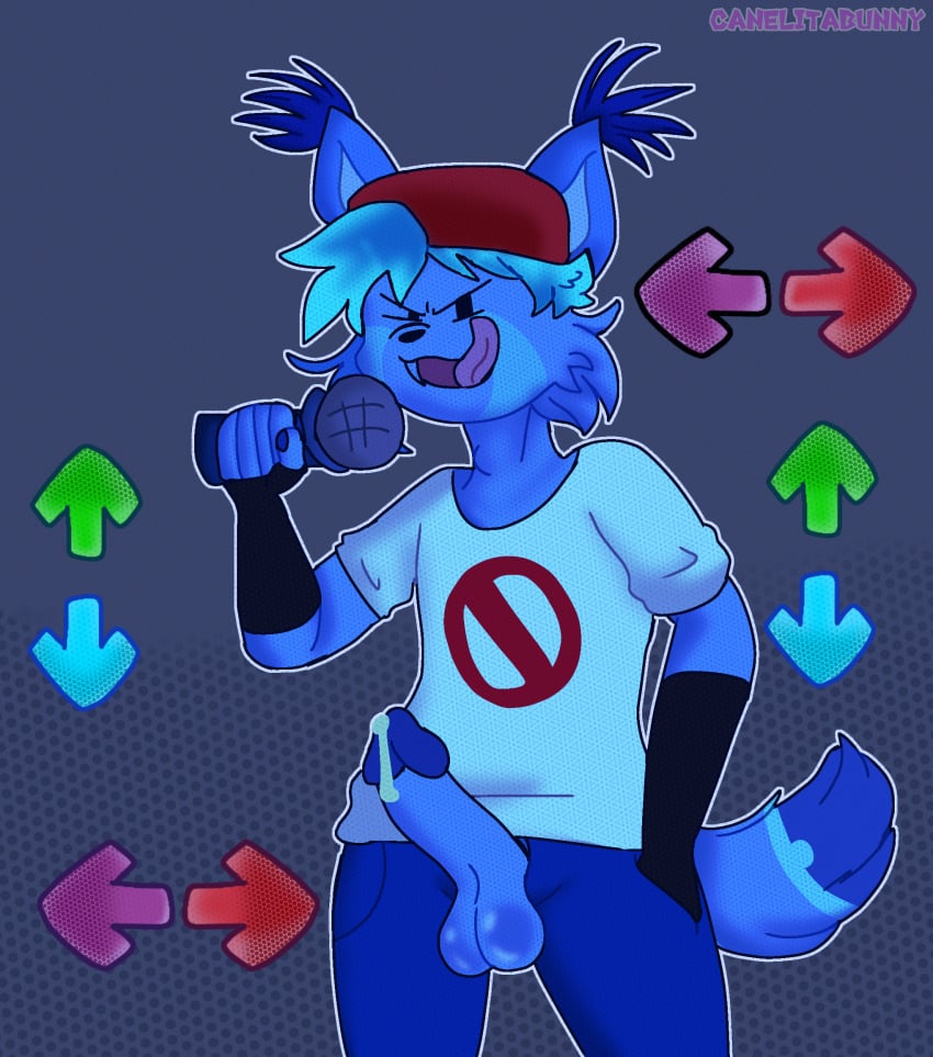 anthro bad_anatomy black_eyes boyfriend_(friday_night_funkin) canelitabunny cum cum_in_penis erection friday_night_funkin furry light_blue_fur light_blue_hair lynx tongue