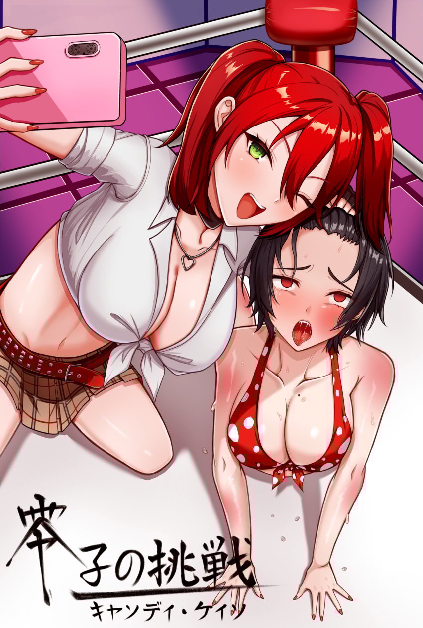 2girls ahegao_face artist_request belly bikini candy_cane_(rumble_roses) catfight cleavage dark_hair defeat defeated defeated_heroine green_eyes hair_pulling humiliated humiliating humiliation necklace red_eyes red_hair reiko_hinomoto rumble_roses sfw skirt tagme taking_picture taking_selfie twintails wrestler wrestling wrestling_boots wrestling_femdom wrestling_outfit wrestling_ring wrestlingryona