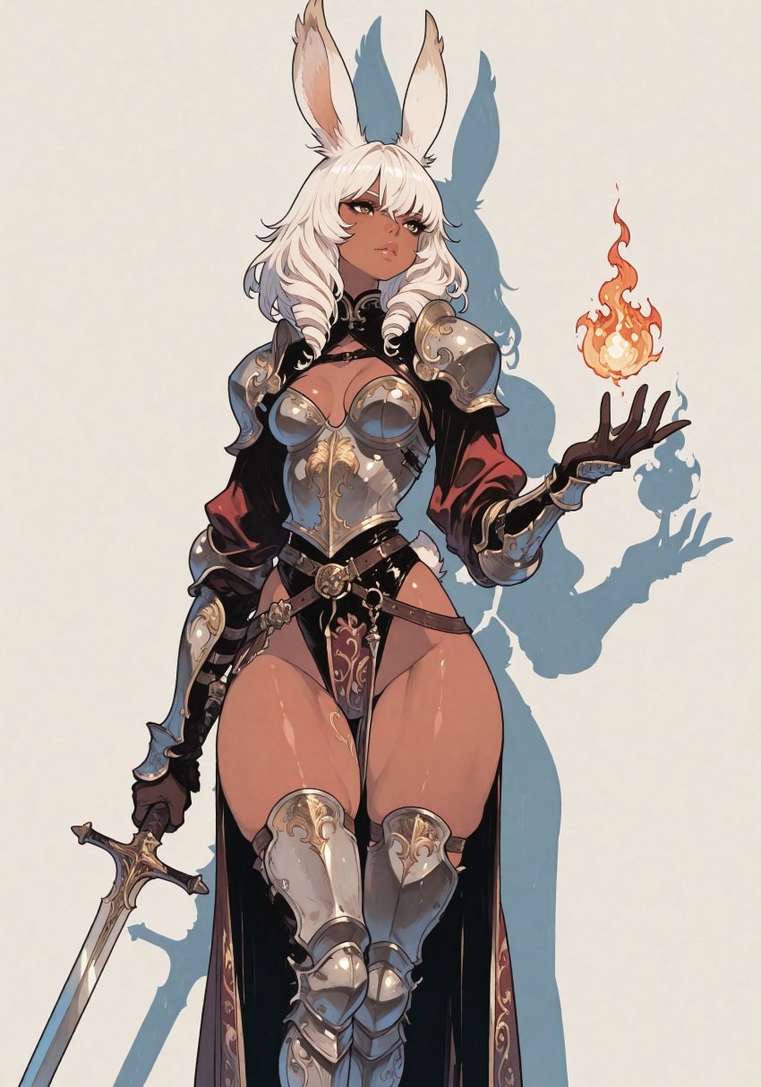 ai_generated animal_ear_fluff animal_ears animal_humanoid armor armored_boots armored_female armored_gloves bare_thighs belt belt_buckle boob_window breast_plate breasts bunny_ears bunny_tail casting_spell civitai clothed colored_eyebrows czero2011 dark-skinned_female dark_skin digital_media_(artwork) dnd dnd_homebrew drill_hair dynamic_pose elegant elegant_clothes elegant_female embroidery engraving eyebrows eyelashes fancy fancy_clothing fantasy female female_only final_fantasy final_fantasy_tactics final_fantasy_tactics_a2 final_fantasy_tactics_advance final_fantasy_tactics_advance_2 fireball flames fluffy_ears fluffy_tail fully_clothed gold_eyes gold_highlights gold_tattoo gold_trim greaves hair_between_eyes half-skirt high_collar high_cut_armor high_cut_bottomwear holding_weapon long_ears long_sleeves long_sword muscular muscular_thighs original_character pauldrons pelvic_curtain plump_lips rabbit_ears rabbit_girl rabbit_humanoid rabbit_tail rapier red_clothing red_mage sfw shadow shoulder_length_hair side_bangs simple_background skimpy skimpy_armor skimpy_clothes skinny_female skirt small_breasts solo solo_female sword tail tattoo tattoo_on_thigh thick_thighs toned_female viera white_eyebrows white_hair wide_hips
