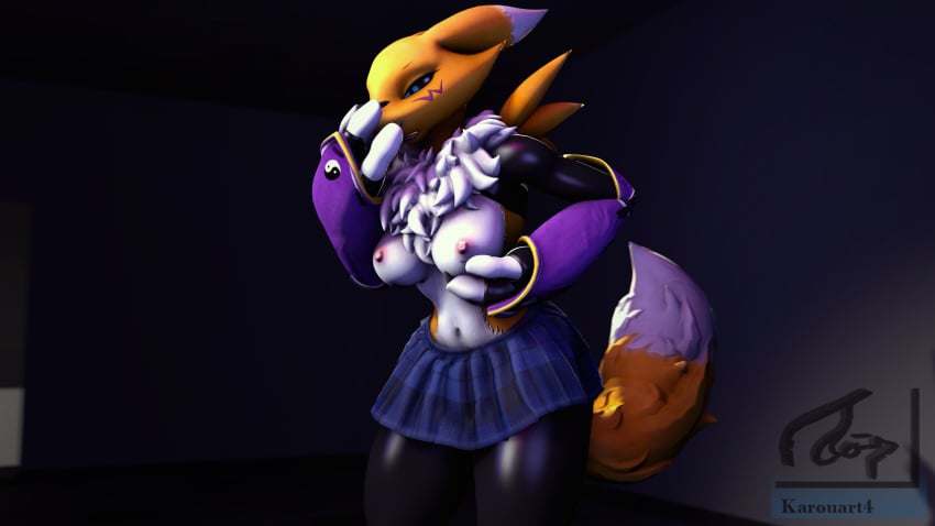 16:9 2022 3_fingers 3d anthro areola armwear aroused bandai_namco black_clothing blue_eyes bottomwear breasts canid canine clothed clothing detailed_background digimon digimon_(species) digital_media_(artwork) female fingers fur hand_on_breast hi_res holding_breast karouart latex legwear mammal navel nipples open_mouth raised_tail renamon rubber_clothing signature skirt solo source_filmmaker symbol tail white_body white_fur widescreen yellow_body yellow_fur