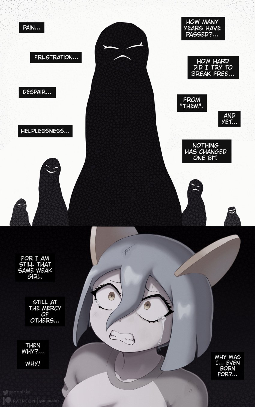 black_and_white blue_hair comic dialogue english english_text evil_smile gammainks hi_res kirlia mandy_(gammainks) nintendo no_sex pokemon pokemon_(species) shadowy_figure shiny_pokemon short_hair tears tears_of_pain yellow_eyes