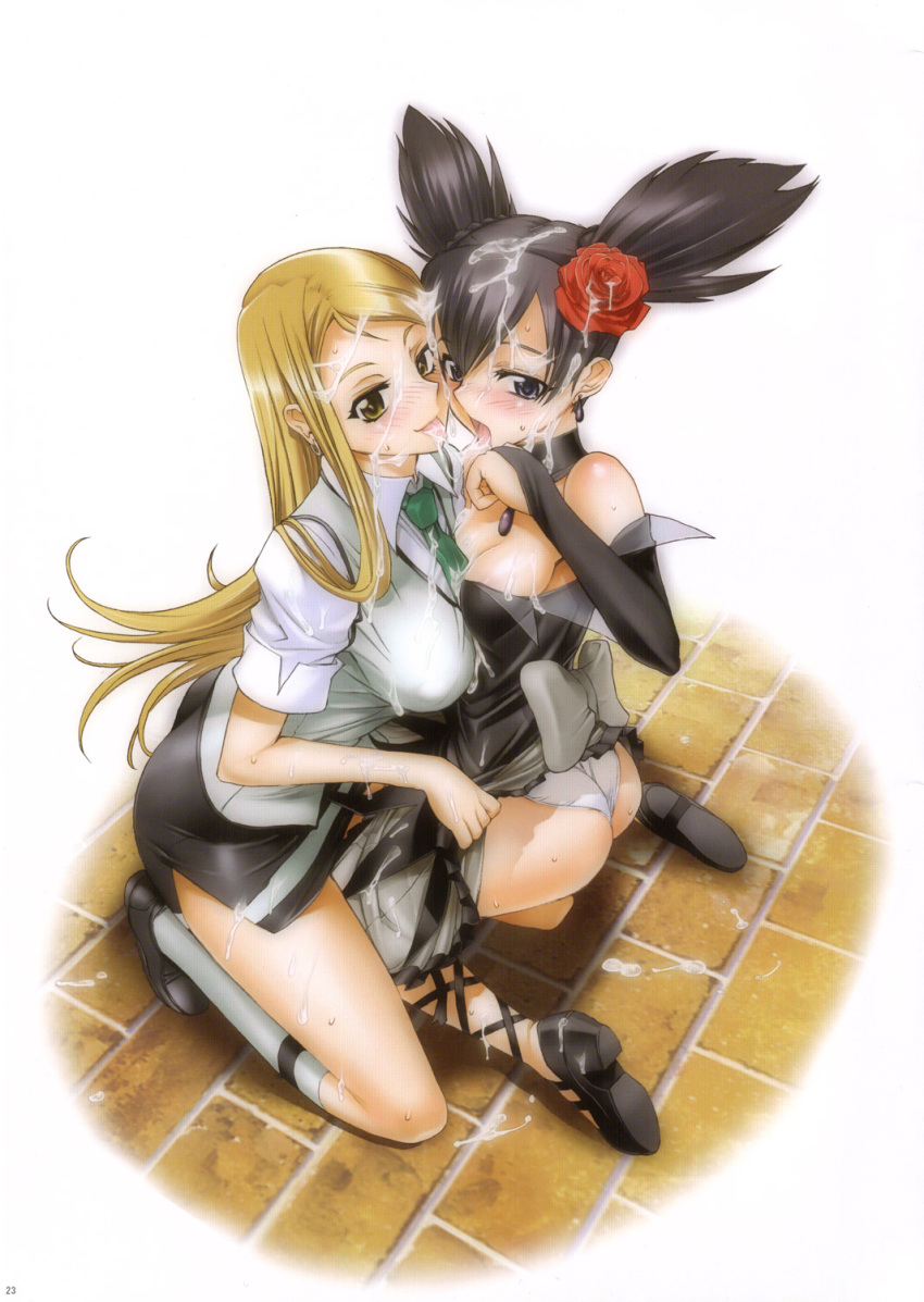 2girls blonde_hair bukkake choker cum cum_in_mouth facial female female/female female_only firepower flower footwear highres inazuma kneehighs kurumi_nui long_hair multiple_girls onegai_my_melody page_23 panties ribbon rose sanrio satou_shouji school_uniform serafuku skirt_pull socks tongue underwear yellow_eyes yumeno_kanade