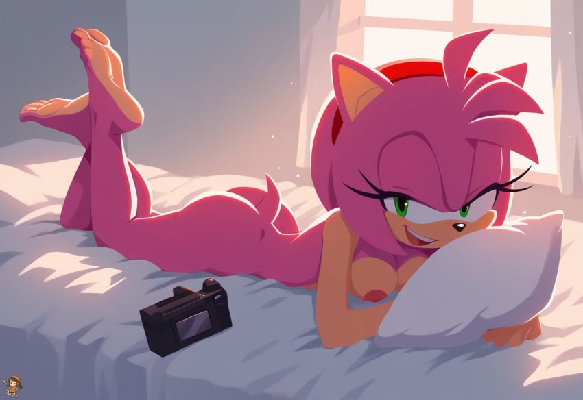 1girls 2d ai_assisted ai_generated amy_rose anthro anthro_female areolae artist_name artist_signature artist_upload breasts breasts camera day daytime feet feet_up female happy happy_female laying_on_bed laying_on_stomach mobian mobian_(species) mobian_hedgehog nipples seductive seductive_look seductive_pose seductive_smile sega self_upload sinandsketch smile solo solo_female solo_focus sonic_(series) sonic_adventure sonic_the_hedgehog_(series)