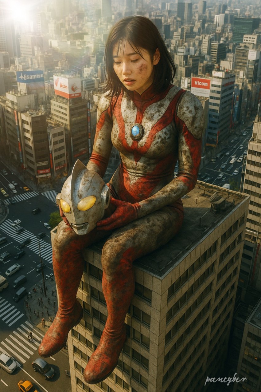 aftermath ai_generated asian asian_female breasts breasts city dirty_clothes female female female_focus genderswap_(mtf) giant_female giant_woman giantess japanese japanese_female light-skinned_female light_skin pancyber realistic superheroine tired ultraman ultraman_(franchise) ultrawoman
