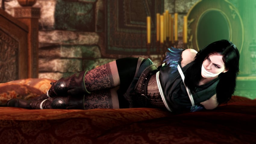 3d bed bedroom black_hair bondage captured captured_heroine cd_projekt_red clothing female gagged light-skinned_female lying_on_bed mascara purple_eyes skyripe solo solo_female stockings the_witcher_(series) the_witcher_3:_wild_hunt yennefer