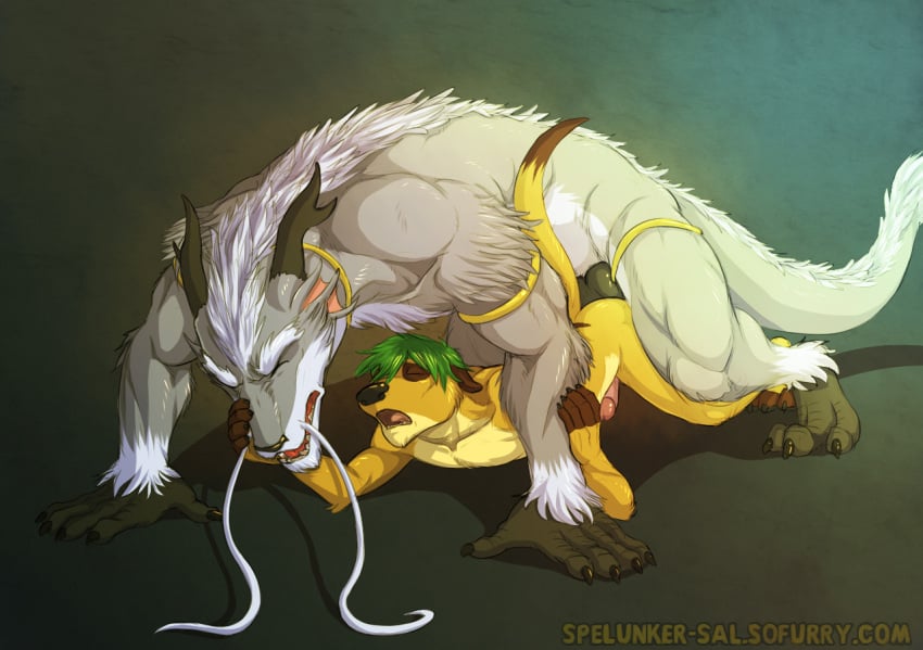 all_fours anthro barbel_(anatomy) dragon duo eastern_dragon flesh_whiskers from_behind_position gothwolf hair herpestid horn looking_pleasured male male/male mammal marcus_techkat meerkat mythological_creature mythological_scalie mythology open_mouth scalie sex size_difference spelunker_sal tanith
