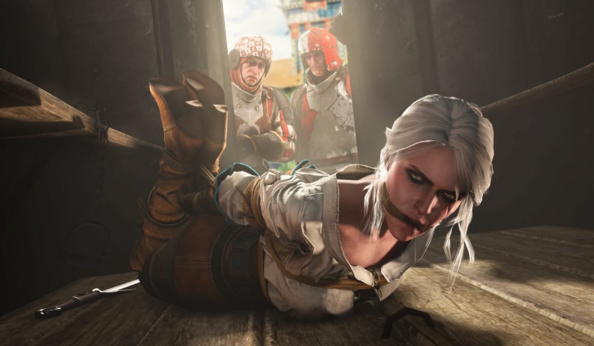 2boys 3d angry_face captured captured_heroine cd_projekt_red ciri clothing defeated defeated_heroine feet_up female freckles gagged green_eyes kidnapped light-skinned_female light-skinned_male male mascara scar skyripe solo solo_female sword the_witcher_(series) the_witcher_3:_wild_hunt white_hair
