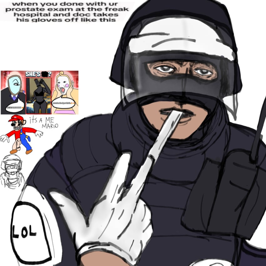 armor background_character balls big_balls big_penis curimomo dandy's_world doc_(rainbow_six) france glisten_(dandy's_world) gloves helmet helmet_with_visor human human_male ibispaintx jxci light-skinned_male light_skin mario mario_(series) meme meme_reference nintendo penis rainbow_six rodger_(dandy's_world) self_upload shitpost suggestive suggestive_look tagme taking_off_glove text what